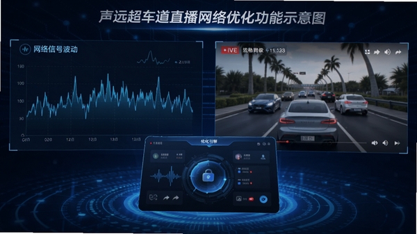 声远超车道直播网络优化功能示意图,画面左侧显示网络信号波动图表,右侧为流畅播放的直播画面,科技感蓝色调,前景突出优化引擎界面