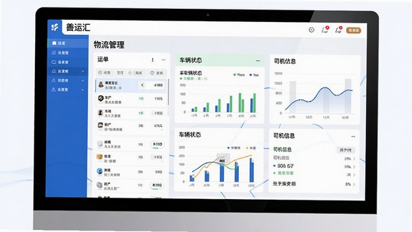 善运汇主界面预览图,展示物流货运管理软件的首页看板,包含运单列表、车辆状态、司机信息等模块,背景为简洁的蓝白商务风格,界面清晰,数据图表直观,整体画面明亮专业