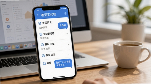 善运汇问答界面示意图,手机屏幕显示常见问题列表和客服回复气泡,背景为办公桌面,有电脑和咖啡杯,画面温馨自然