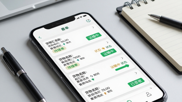 善运汇运单管理功能截图风格图片,显示手机界面中的运单列表,每张运单卡片包含货物名称、起止地点、状态标签(待接单、运输中、已签收),背景为浅灰色工作台,有笔和记事本,画面干净写实