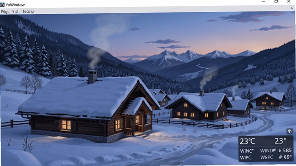 YoWindow软件主界面全貌,展示雪景覆盖的乡村小屋动态壁纸,右下角有温度与风力数据面板,背景为暮色中的山脉,整体画面宁静而逼真,数字艺术风格,高细节渲染