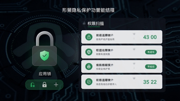形翌隐私保护功能界面,展示应用锁与权限扫描结果列表,背景为深色科技风格,配以绿色安全标识,整体视觉沉稳且具有信赖感。