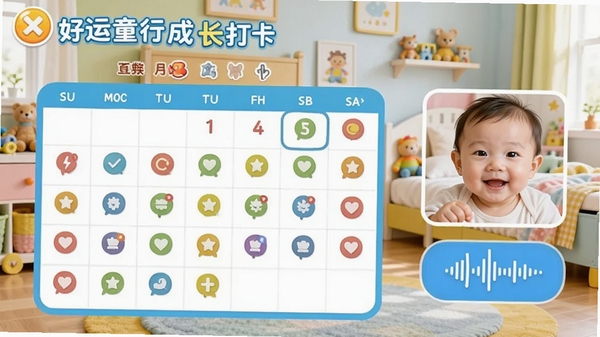 好运童行成长打卡界面截图,展示日历视图上带有彩色图标的打卡记录,旁边有宝宝照片和语音波形图标,背景是明亮的儿童房,色彩活泼,细节丰富