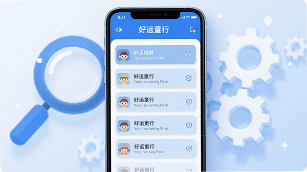 好运童行最新版本更新内容示意图,画面中央是手机屏幕显示更新日志列表,背景有放大镜和齿轮图标,整体风格简洁清晰,色调以蓝色和白色为主