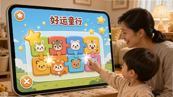 好运童行亲子互动游戏界面,父母和孩子一起点击屏幕上的彩色拼图块,屏幕上有卡通动物和星星奖励特效,室内光线柔和,画面温馨有爱