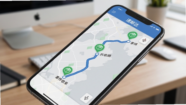 ���ʴ�Ӧ������׷�ٹ��ܽ��棬�ֻ���Ļչʾһ����ͼ�켣�������а����Ӽļ��ص��ռ��ص�·�ߺͶ���ڵ�״̬ͼ�꣬������Ƽ�࣬��ͼ����Ϊǳ��ɫ���켣��Ϊ��ɫ��״̬ͼ��Ϊ��ɫ��������רҵ�������������ֻ���бչʾ������Ϊģ���İ칫������