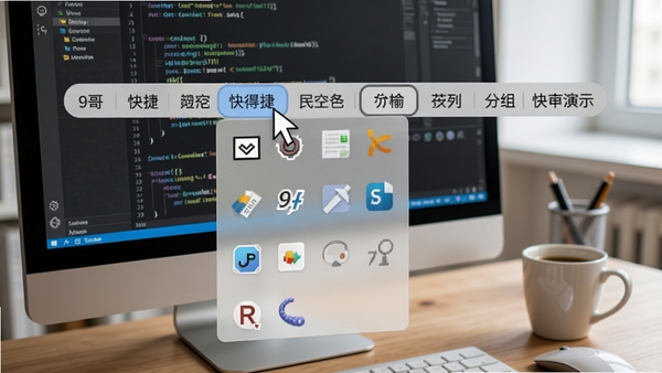 9哥桌面快捷工具条的分组切换功能演示,画面中工具条上方有多个标签页,鼠标悬停在一个标签上,下方展开一个包含多个软件图标的子菜单,背景为一张办公桌,上面有显示着代码的显示器和一杯咖啡。
