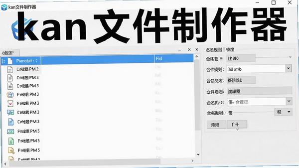 kan文件制作器批量生成文件功能演示,界面显示文件列表和命名规则设置,背景为干净的白色,图标清晰,突出软件名称kan文件制作器