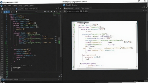 phpdesigner(多语言试用版)主界面预览图,左侧代码编辑器,右侧实时预览窗口,深色主题,代码高亮清晰,整体界面整洁专业