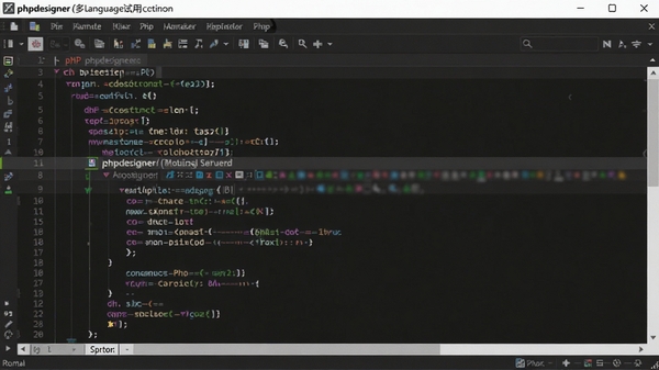 phpdesigner(多语言试用版)代码编辑界面,展示PHP代码自动补全功能,彩色语法高亮,代码结构清晰,编辑器界面细节丰富