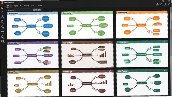 MindMapper������������ʽ����棬չʾ������ɫ�����ĵ�ͼģ�壬�����������������̡������ȵȲ�ͬ����Ӿ�����������
