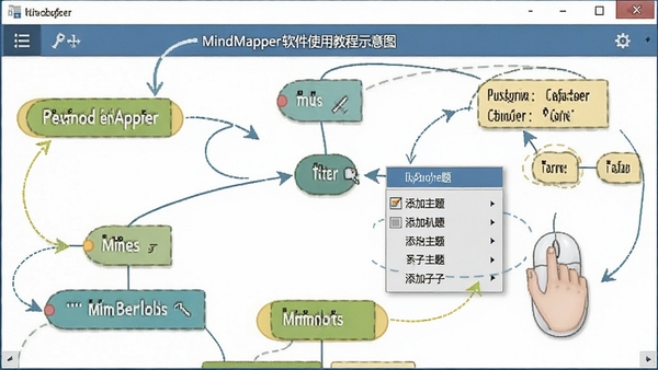 MindMapper����ʹ�ý̳�ʾ��ͼ��չʾ�����ק�ڵ㡢�Ҽ��˵�����������Ĳ������棬�������������ı�עָ��