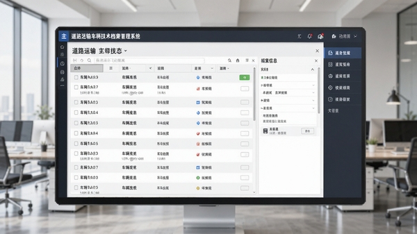 道路运输车辆技术档案管理系统主界面预览图,展示车辆列表、档案信息面板与功能导航栏,背景为现代化办公环境