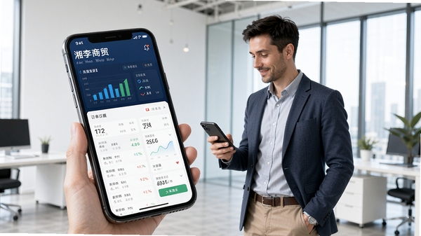 湘李商贸app主界面展示,手机屏幕内显示清晰的数据看板与订单列表,背景为现代简约的办公室环境,一位穿着商务休闲装的店主正在查看手机上的经营数据,画面明亮,细节丰富