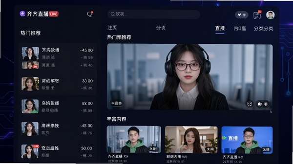 齐齐直播软件主界面预览图,展示清爽的直播列表、热门推荐位和分类导航栏,背景为深色科技感渐变,界面元素清晰,整体风格现代简洁,凸显高清直播画质与丰富内容分区,适用于软件介绍页首图