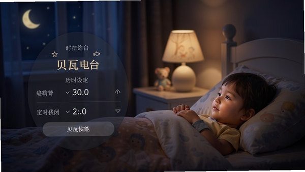 贝瓦电台定时关闭功能界面图,显示时间设定选项,背景为夜晚卧室场景,孩子躺在床上听故事,画面温馨,色调偏暗,突出夜间模式效果
