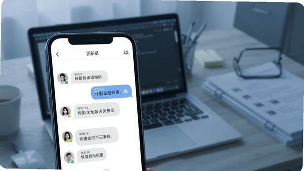 怀影企划协作评论界面模拟图,手机屏幕显示团队成员的批注气泡,背景为办公桌面有笔记本电脑和文件,色调偏冷色,强调沟通场景,画面主体为手机屏幕,风格简洁专业,适配Boogu模型生成
