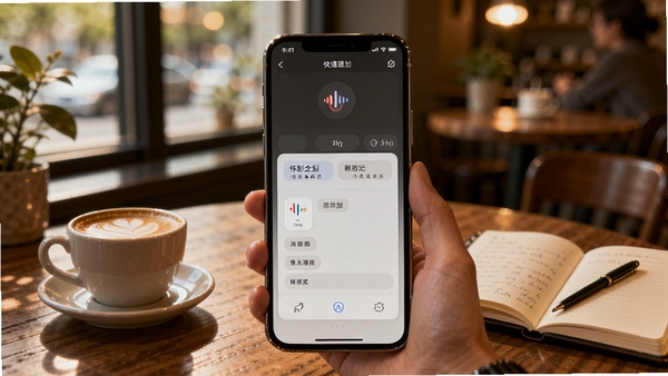 怀影企划灵感速记功能操作示意图,手机界面显示语音输入与标签添加界面,背景为咖啡馆环境,暖色调光线,桌上有咖啡与笔记本,画面主体为手机屏幕,强调快捷记录场景,风格写实自然,适配Boogu模型生成