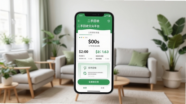 画面主体为一部智能手机屏幕内显示二手回收交易平台的估价页面,背景为整洁的现代家居客厅,有绿植点缀,整体色调明亮清新,突出便捷与环保的回收理念