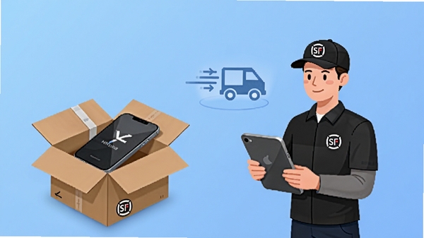 二手回收交易平台快递邮寄流程示意图,画面包含打包好的手机与顺丰快递员形象,背景为简约的蓝色渐变,强调安全与便捷
