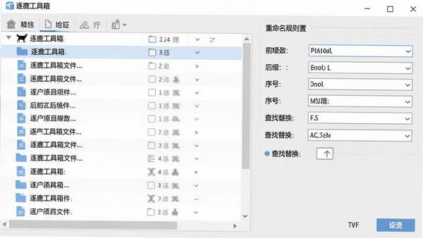 逐鹿工具箱文件批量重命名操作界面,左侧是文件列表,右侧是重命名规则设置面板,包含前缀后缀、序号、查找替换等选项,界面简洁,操作逻辑清晰,背景为浅灰色调,突出功能实用性