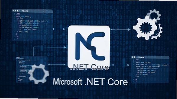 Microsoft .NET Core 运行环境概念图,背景为抽象数字矩阵,中央呈现.NET Core官方标志,周围环绕代码片段与齿轮元素,整体色调深蓝与白色,扁平化设计风格,清晰展示软件名称Microsoft .NET Core