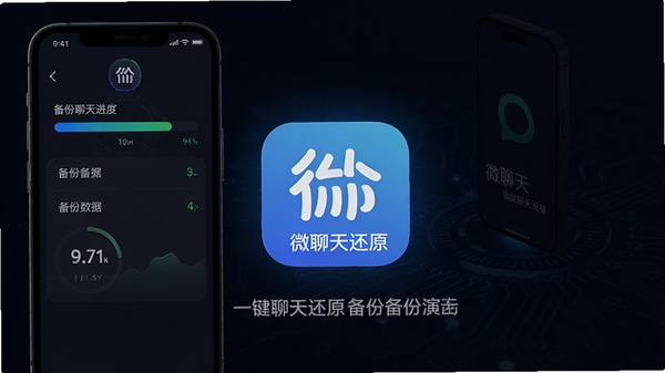 微聊天还原一键备份的备份过程演示图,手机屏幕上显示备份进度条和已备份数据统计,背景为深色科技感,突出一键备份的便捷性,画面中央有微聊天还原一键备份的软件图标