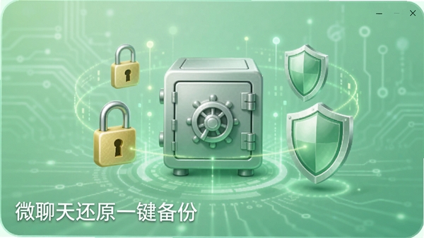 微聊天还原一键备份的加密安全界面图,画面中有一个保险箱图标,周围环绕着加密锁和盾牌元素,背景为淡绿色科技风格,强调数据隐私保护,左下角显示微聊天还原一键备份字样