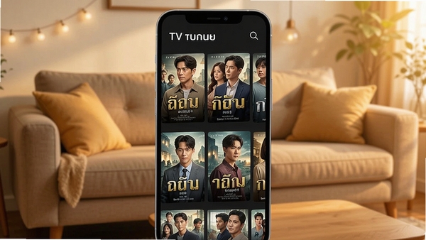 泰剧TV播放主界面,手机屏幕展示泰剧海报墙,背景为暖色系客厅沙发,画面明亮清晰,突出软件名称与剧集封面,整体风格温馨舒适,适配移动端竖屏展示