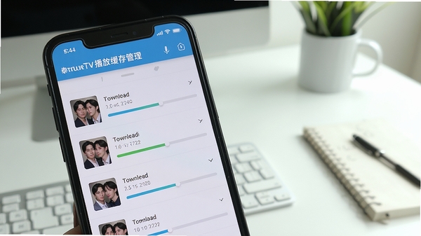 泰剧TV播放缓存管理页面,手机屏幕显示下载列表与进度条,背景为简约书桌,画面中手机屏幕清晰展示软件名称与缓存功能,风格干净明亮