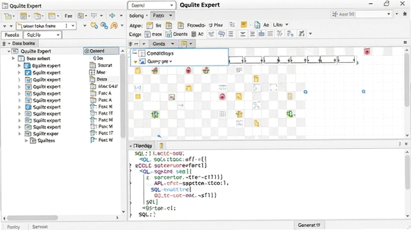 SQLite Expert 可视化查询构建器操作界面,展示拖拽字段、设置条件的图形化设计,界面左侧为数据表列表,右侧为查询设计网格和生成的SQL代码预览,风格简洁明亮