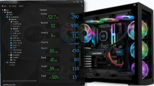 һ�Ÿ����HWMonitorPro�������ͼ�������ʾCPU�����塢�Կ���Ӳ����������б����Ҳ�չʾʵʱ�¶ȡ���ѹ������ת����ֵ������Ϊ��ɫ��͸�������ʸУ�����������רҵ����ֵ����ɫ����ɫ������ʾ����Ļ����ƫ��λ�ã�����Ϊ�黯�ĵ��Ի����ڲ����죬RGB�ƹ�Ч��