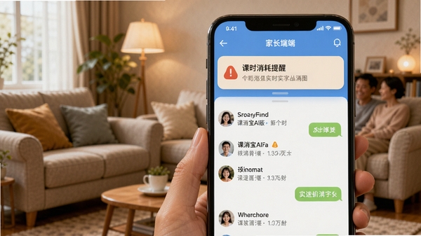 课消宝AI版家校消息推送界面,手机屏幕上显示“课时消耗提醒”通知横幅,下方为家长端会话列表,背景为温馨的客厅环境,展示移动端便捷性与实时通讯特点