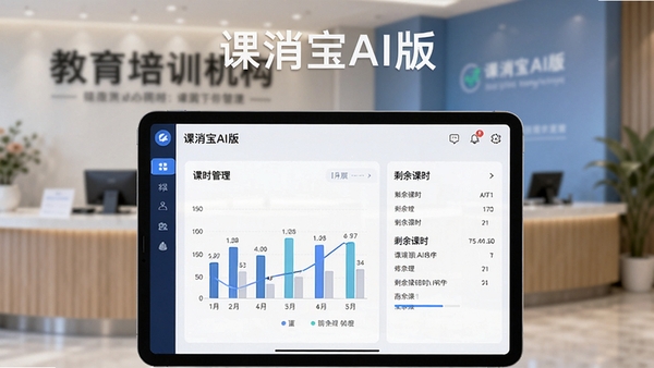 创作一张关于课消宝AI版软件主界面的预览图,画面主体是平板电脑中显示的课时管理仪表盘,包含柱状图与剩余课时列表,背景为虚化的教育培训机构前台,整体风格明亮简洁,突出课消宝AI版的专业与高效