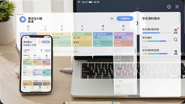 课消宝AI版应用内排课日历界面截图,显示不同颜色标记的课程安排,右侧有学员课时剩余进度条,背景是手机与笔记本并排摆放的办公桌面,画面注重数据可视化与操作便利性