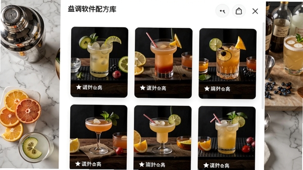 调一杯软件配方库截图,屏幕中展示多款鸡尾酒卡片,每张卡片上有酒水照片和名称,背景为大理石纹理桌面,旁边摆放着调酒壶和新鲜水果,整体画面明亮清晰,突出软件界面的丰富性
