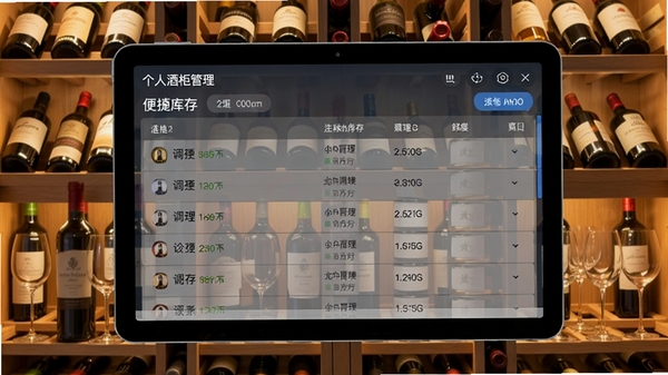 调一杯个人酒柜管理界面,屏幕中显示酒柜库存列表,背景为家庭酒柜实拍,摆满各种酒瓶和酒杯,暖色灯光,画面温馨,突出软件管理的便捷性