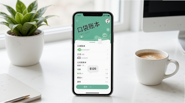 口袋账本核心功能概览展示图,画面主体为一部智能手机屏幕显示口袋账本APP的主界面,背景是干净明亮的现代简约风格书桌,搭配绿植与一杯咖啡,整体色调清新自然,突出软件简洁易用的特点