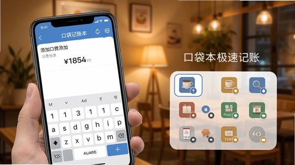 口袋账本极速记账功能演示图,画面展示手机APP内添加一笔消费记录的交互界面,包含金额键盘与分类图标选择,背景为模糊处理的室内暖光环境,强调操作的便捷与高效