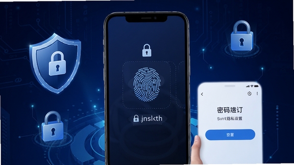 口袋账本数据安全隐私保护示意图,画面主体为手机屏幕展示指纹解锁与密码设置界面,背景为深蓝色科技感渐变,配以盾牌与锁形图标元素,强调数据安全与隐私保护特性
