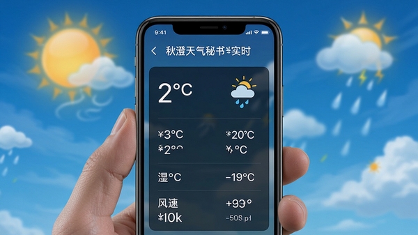 秋澄天气秘书实时天气数据展示,手机屏幕上显示温度、湿度、风速等详细气象指标,背景为动态天气动画,画面清晰直观,数据排列整齐,体现应用的精准性与专业性。