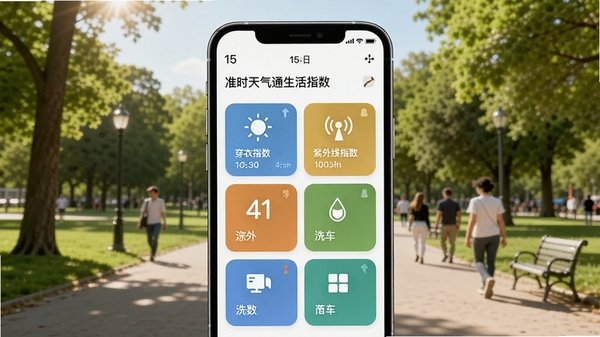15日准时天气通生活指数页面,手机上显示穿衣指数、紫外线指数、洗车指数等卡片,色彩图标丰富,背景为户外公园场景,阳光明媚,有绿树和行人,手机屏幕居中,界面设计清新自然,扁平化风格,高清,细节丰富