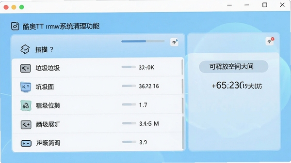 酷奥TT系统清理功能界面,显示扫描出的垃圾文件分类列表和可释放空间大小,背景为清爽的浅蓝色调