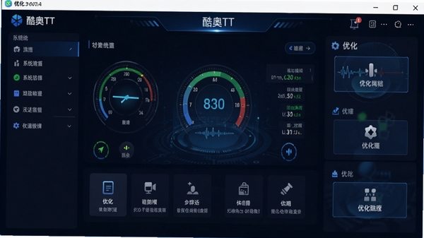 酷奥TT软件主界面预览图,展示清晰的系统状态仪表盘和优化功能按钮,背景为深蓝色科技感风格