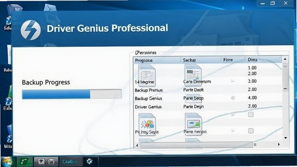 Driver Genius Professional驱动备份过程示意图,显示备份进度条和文件列表,背景为电脑桌面,界面风格专业,色调以蓝色和白色为主,清晰展示备份功能