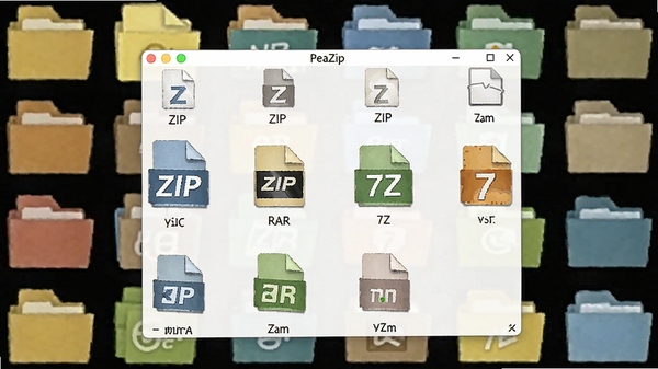 PeaZip软件界面展示多种文件格式图标,如ZIP、RAR、7Z等,背景为分类排列的彩色文件图标墙,画面清晰体现软件强大的格式兼容特性