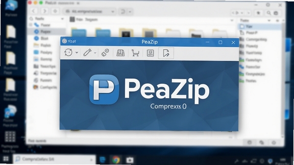 PeaZip压缩解压软件主界面预览图,画面中心展示软件Logo和清爽的工具栏布局,背景为模糊的电脑桌面文件管理场景,整体风格专业且现代,色彩以蓝白为主,突出软件高效简洁的气质。