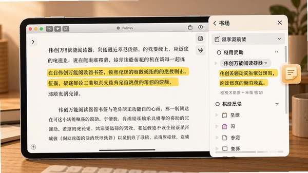 伟创万能阅读器书签与笔记功能演示图,画面显示软件阅读界面,右侧边栏展开书签列表,一段文字被黄色高亮标记,旁边有便签图标,整体色调温暖,布局清晰,突出软件在阅读辅助方面的实用性