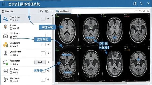 医学资料影像管理系统操作界面截图风格,左侧为患者列表,右侧显示多序列影像对比窗口,标注关键功能按钮,界面专业清晰
