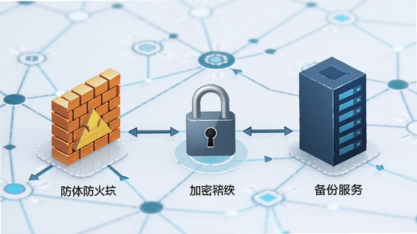 医学资料影像管理系统 数据安全防护示意图,包含防火墙、加密锁与备份服务器图标,背景为科技感网络拓扑结构,色彩沉稳专业
